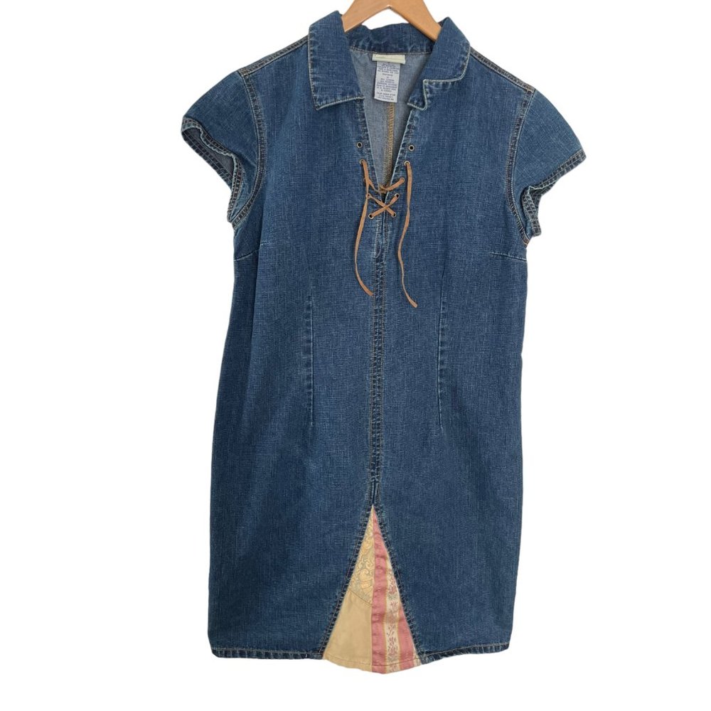 Vintage Y2K Faded Glory Denim Mini Shirt Dress Size 14 Lace Up Patchwork Blue